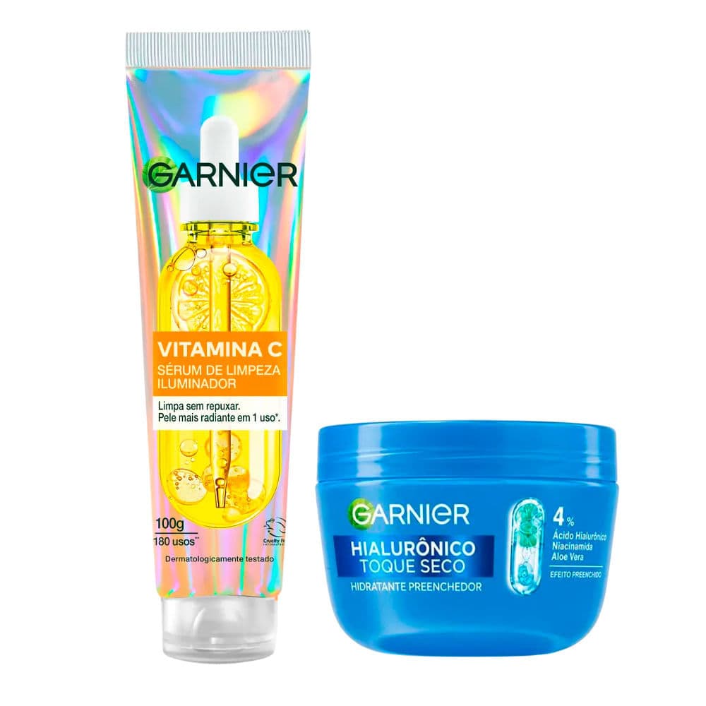 Kit Garnier Hidratante Facial Preenchedor Hialurônico 85g + Sérum De Limpeza Facial Iluminador Vitamina C 100ml