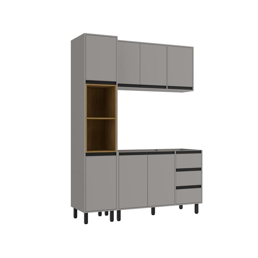 Armário de Cozinha Compacta Tóquio 3 Peças Cinza e Mascavo 220x160cm Casamia