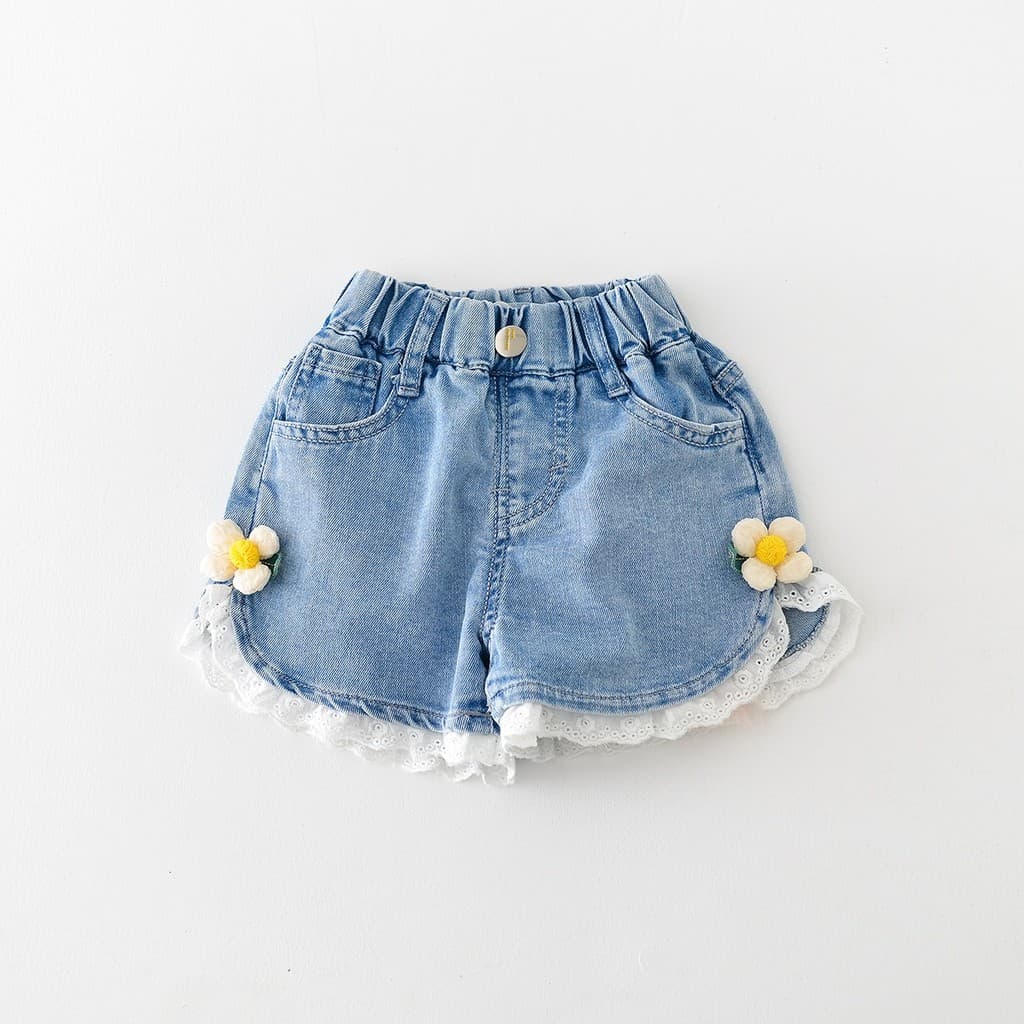 1-8 anos de idade meninas verão novo estilo doce renda flor fina Denim calças quentes