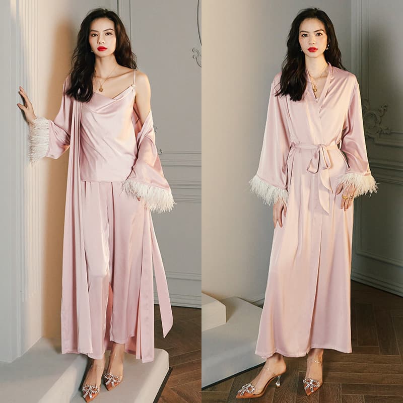 Pena destacável Yaoting pijamas feminino verão manga comprida cetim camisola Suspender saia Loungewear terno 2658 + 2659