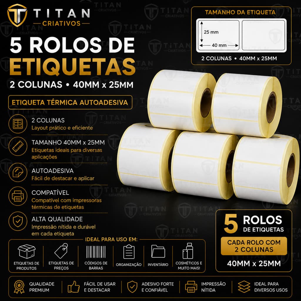 Kit C/ 5 Rolos Etiqueta Térmica 40x25 2 Colunas Mercado Full