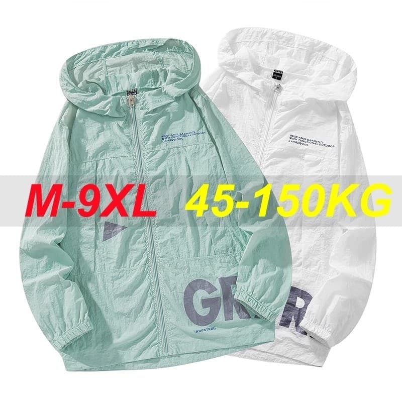 Jaquetas Casuais Masculinas Plus Size 9XL 8XL de Verão com Bolsos, Proteção Solar UV, Respirável, Ultra-leve, com Capuz