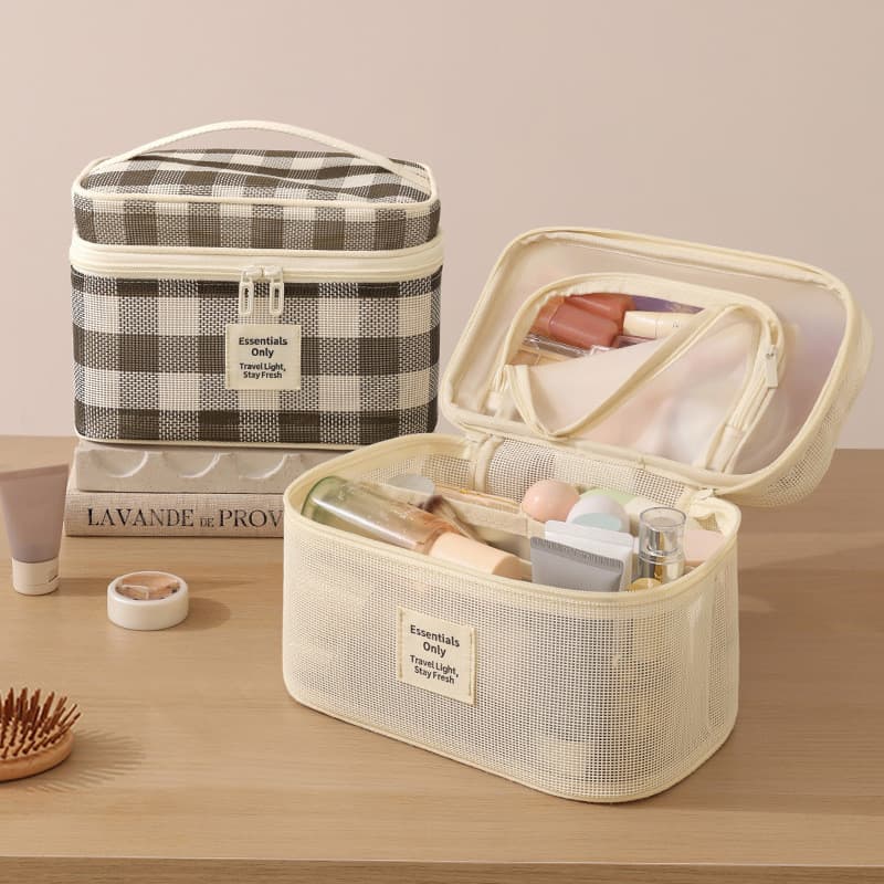 Malha Flip saco cosmético transparente TPU em camadas saco de armazenamento de cosméticos de viagem grande capacidade po