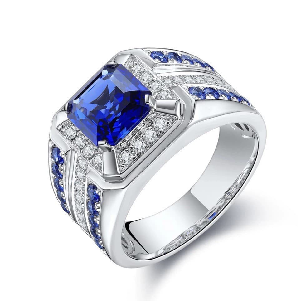 Anel de Prata Masculino, Incrustado com Diamante Azul Quadrado, Acessório de Moda ZCXN QDFM