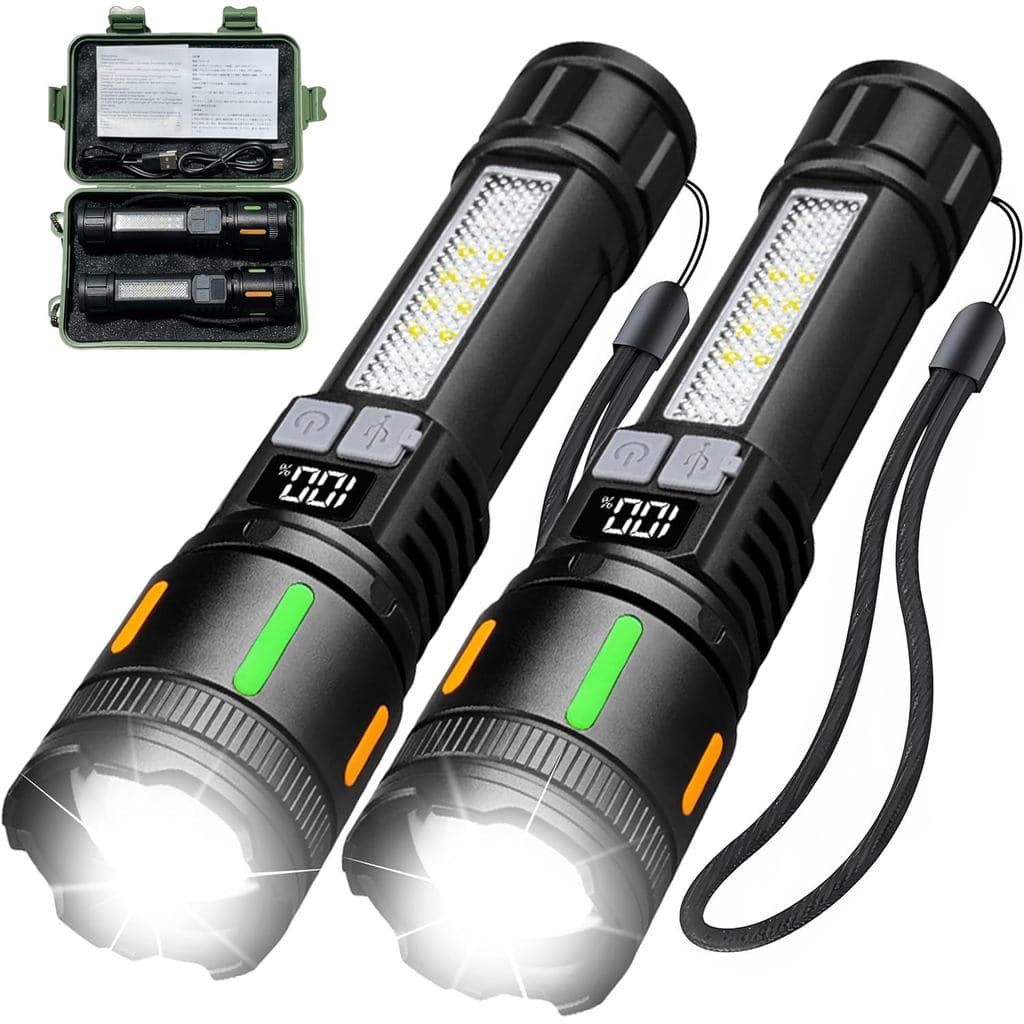 Conjunto de 2 Lanternas Recarregáveis de Alto Lúmen, Lanterna à Prova d'Água, Lanterna com Zoom para Camping ao Ar Livre
