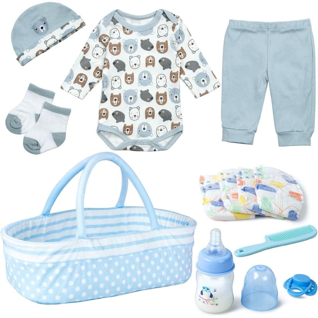 Conjunto de 12 Peças de Roupas para Bonecas Reborn com Berço de Bolinhas Azuis para Bonecas Reborn de 17-22 Polegadas, A