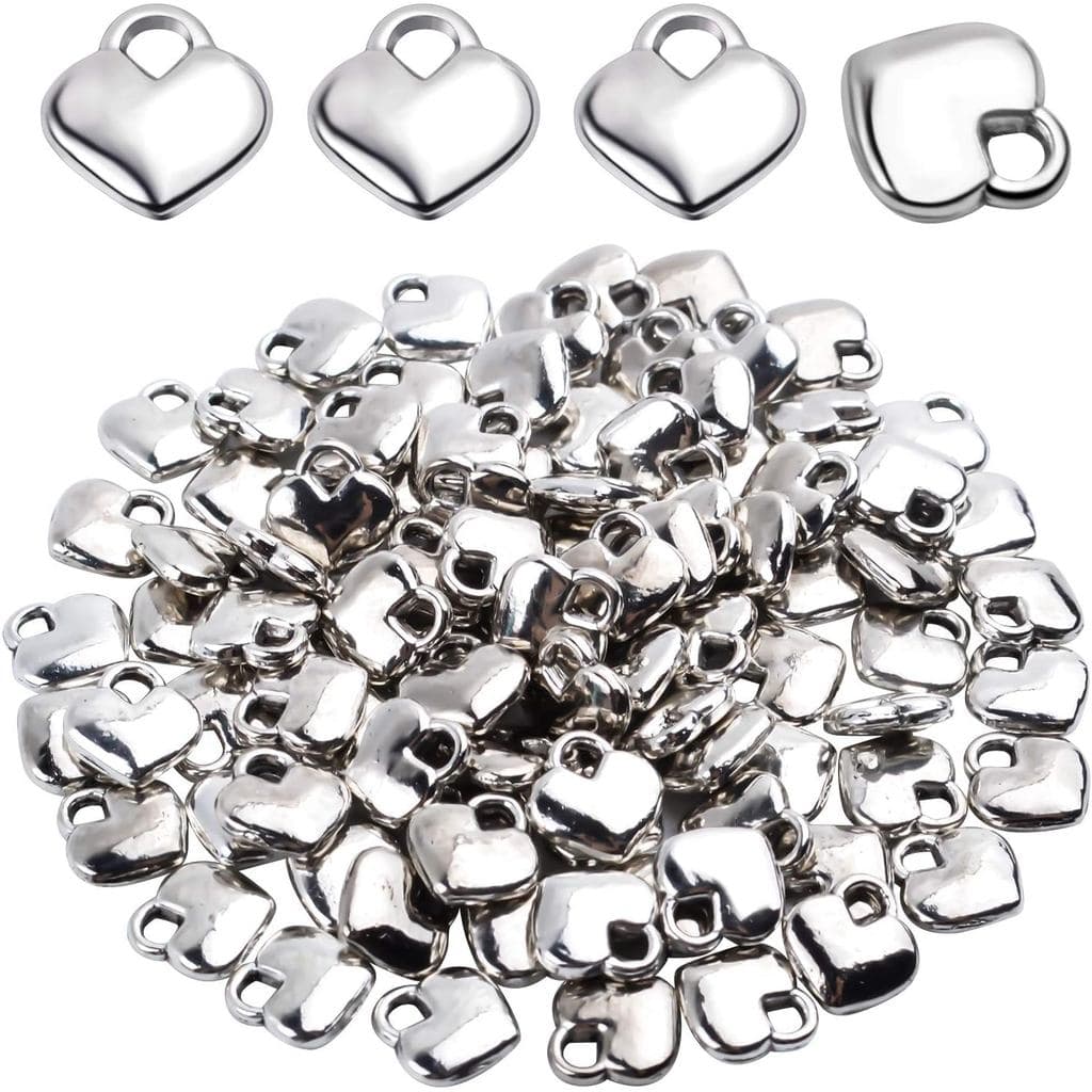 Aylifu 100 Peças de Pingentes em Forma de Coração Polidos, Mini Pingentes de Coração de Metal Prateado para Colares, Pul