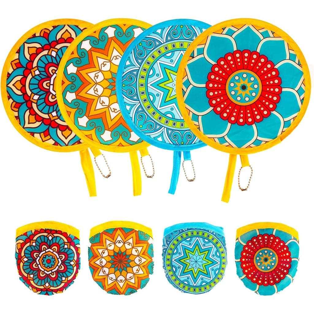 Conjunto de 4 Leques de Mão com Padrão de Mandala para Mulheres, Leques Dobráveis Tipo Carteira, Leques Redondos Multius
