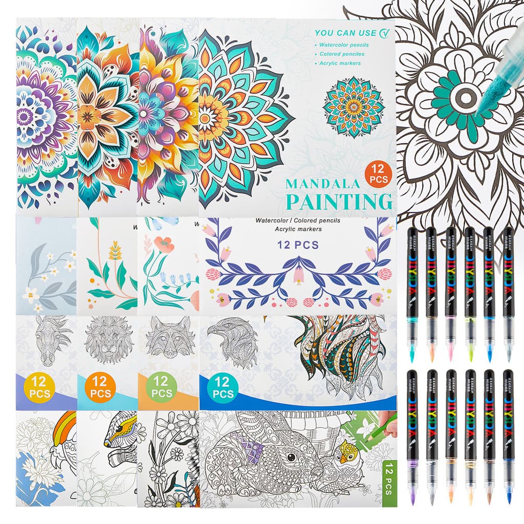 Livro De Colorir Mandala De 12 Páginas Para Adultos Com Marcadores , Bloco De Arte De Linha De Alívio De Estresse E Rela