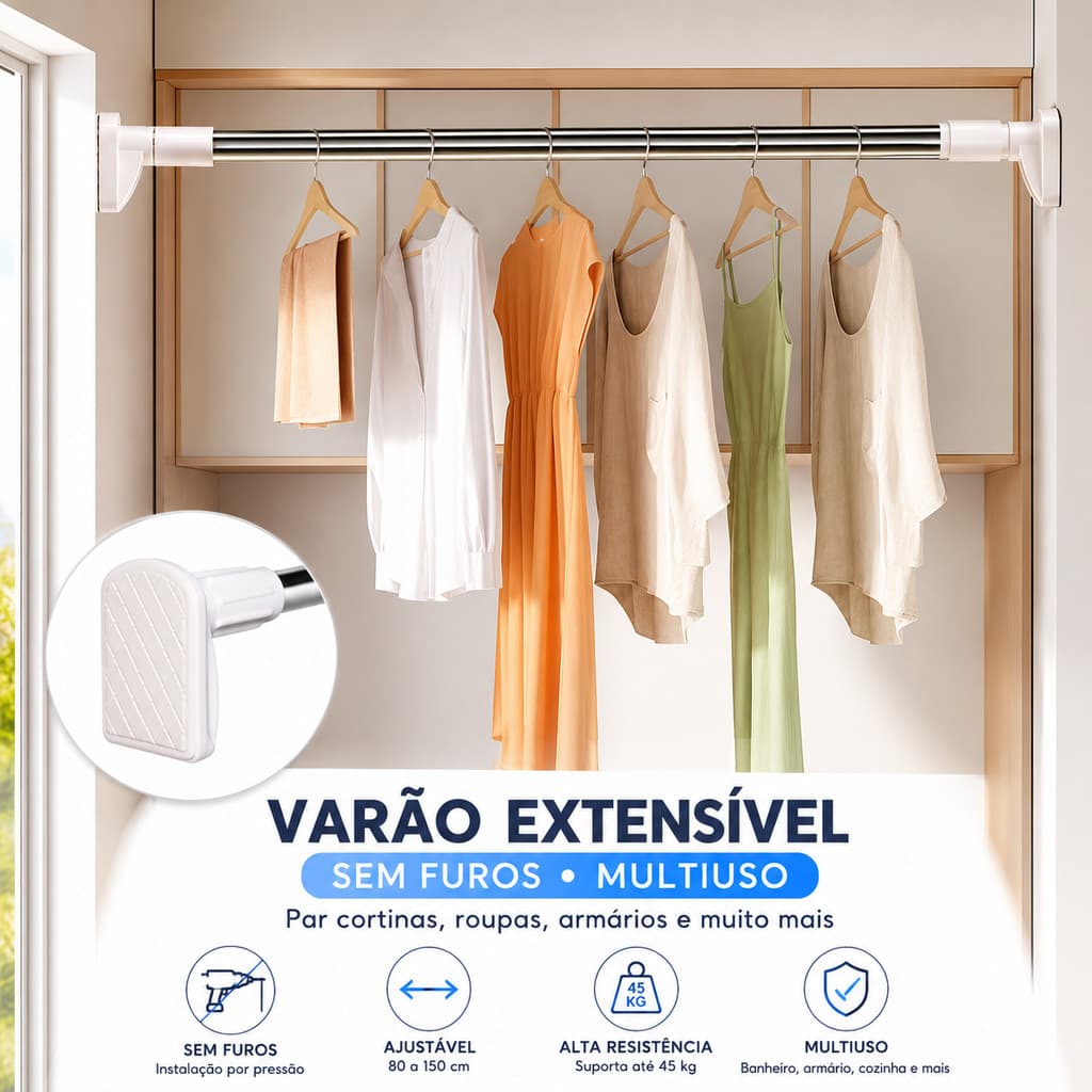 Varão Extensor Ajustável 80-150cm Sem Furos Multiuso Para Cortina de Banheiro Box Guarda-Roupa