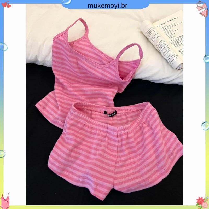 Loja venda quente verão novo estilo doce simples listrado camisola pijamas pele-amigável confortável pode usar colete ex