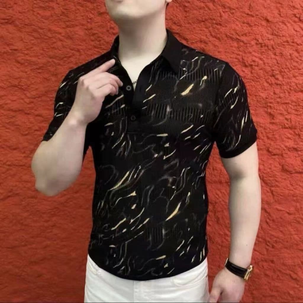 Novo produto masculino de manga curta 2026 masculino High-End verão gelo seda moda rua Wear europeu lapela Polo meia man