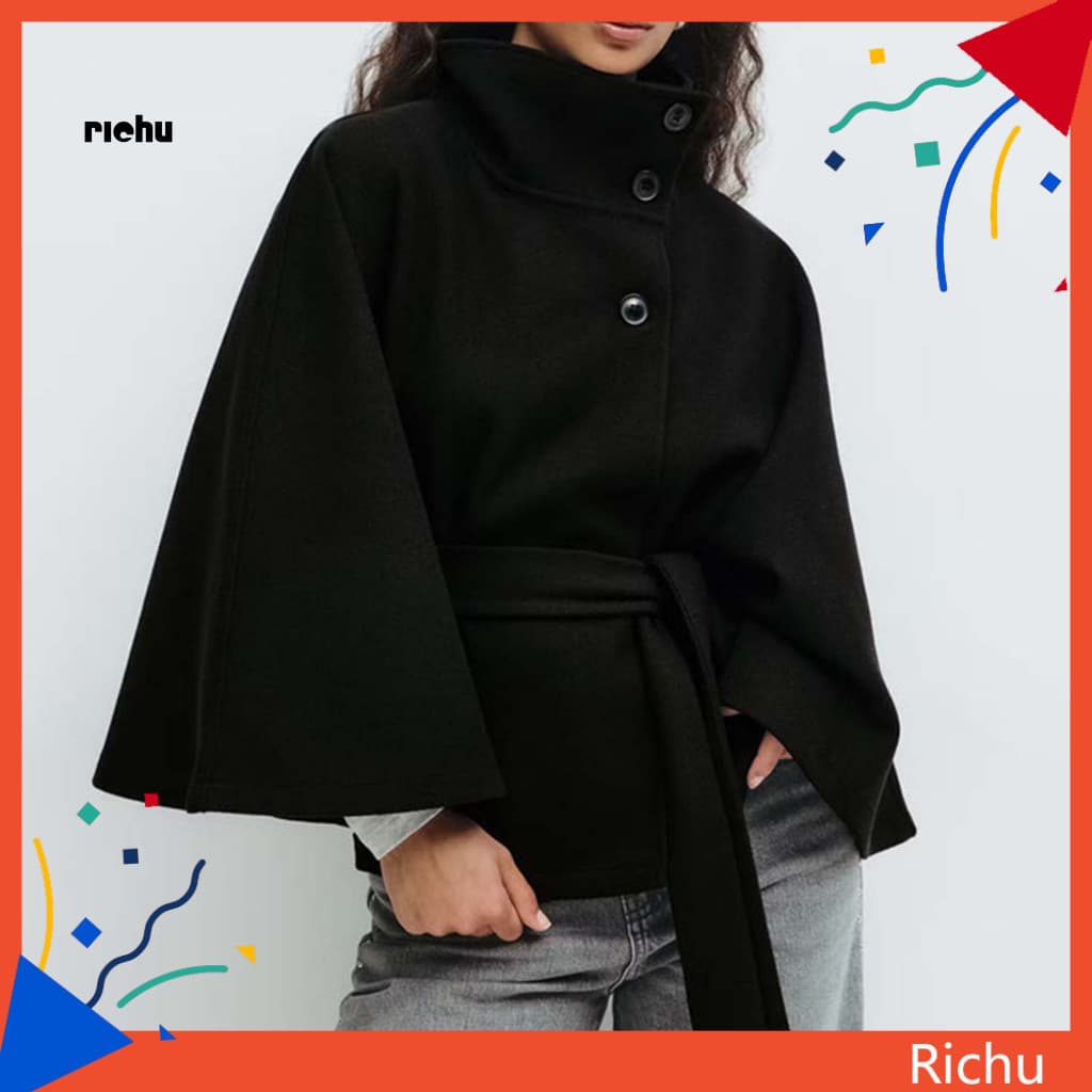 High Waist Trench Coat Women’s Batwing Sleeve Wool Poncho with Stand Collar and Belt – Stylish Cropped Cape Jacket F