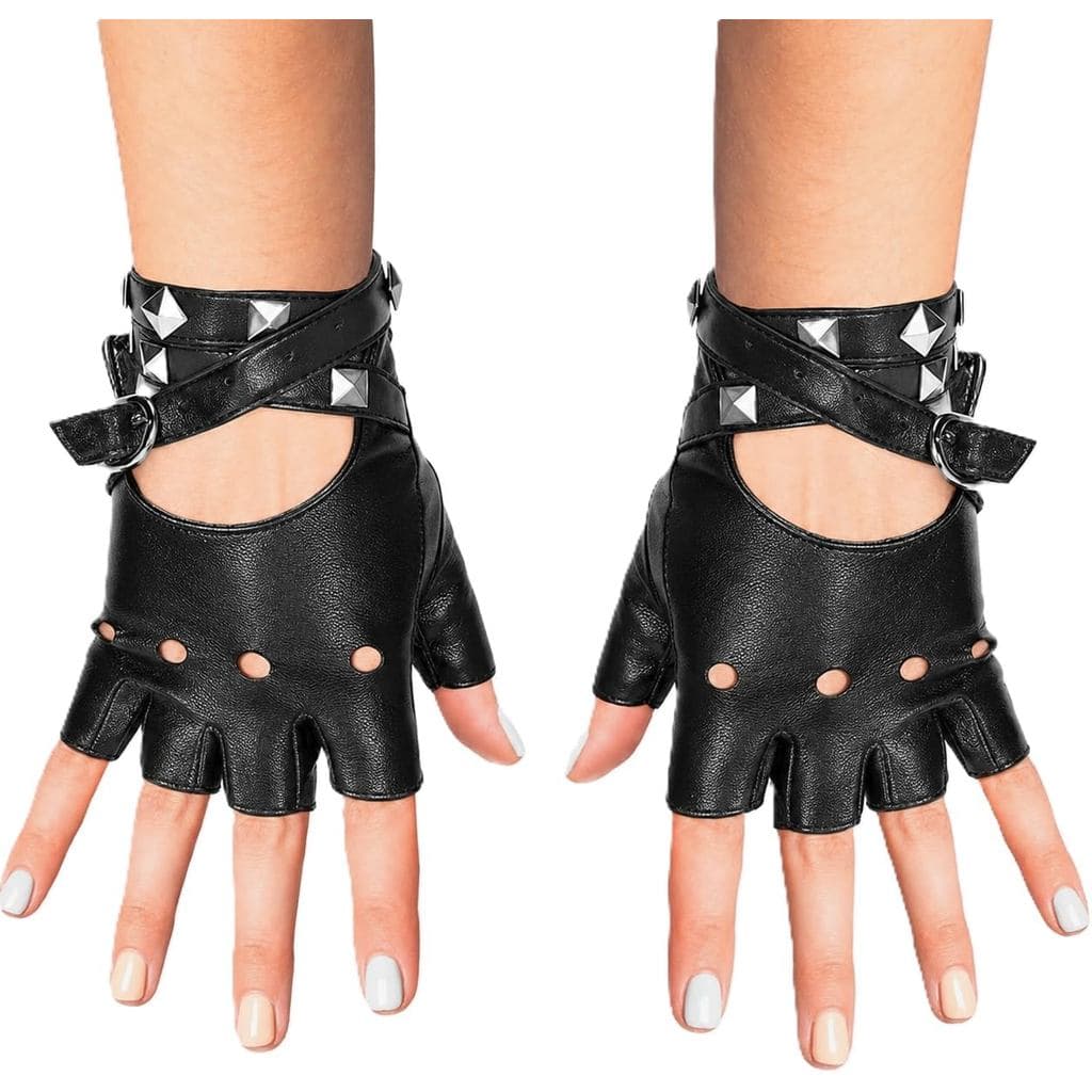 Luvas De Couro Sintético Sem Dedos Skeleten – Pretas De Motociclista Punk Com Fecho De Cinto E Design De Rebite Para Ado