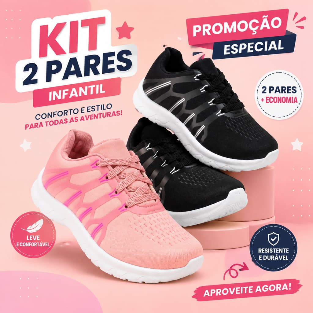 Kit 2 Pares Tênis Infantil Feminino Casual Para Meninas Cheias De Estilo