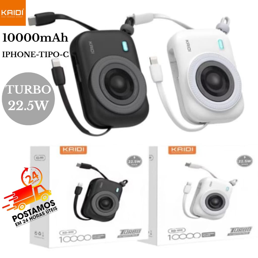 Power Bank Magnético 10000mAh KAIDI KD-999 Carregamento por Indução com 2 Cabos Embutidos Turbo