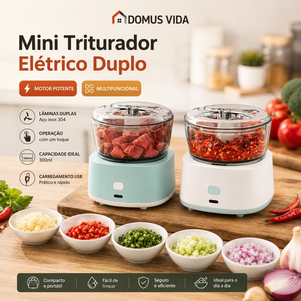 Mini Processador Elétrico Portátil 350ml Picador Triturador de Alimentos Multifuncional