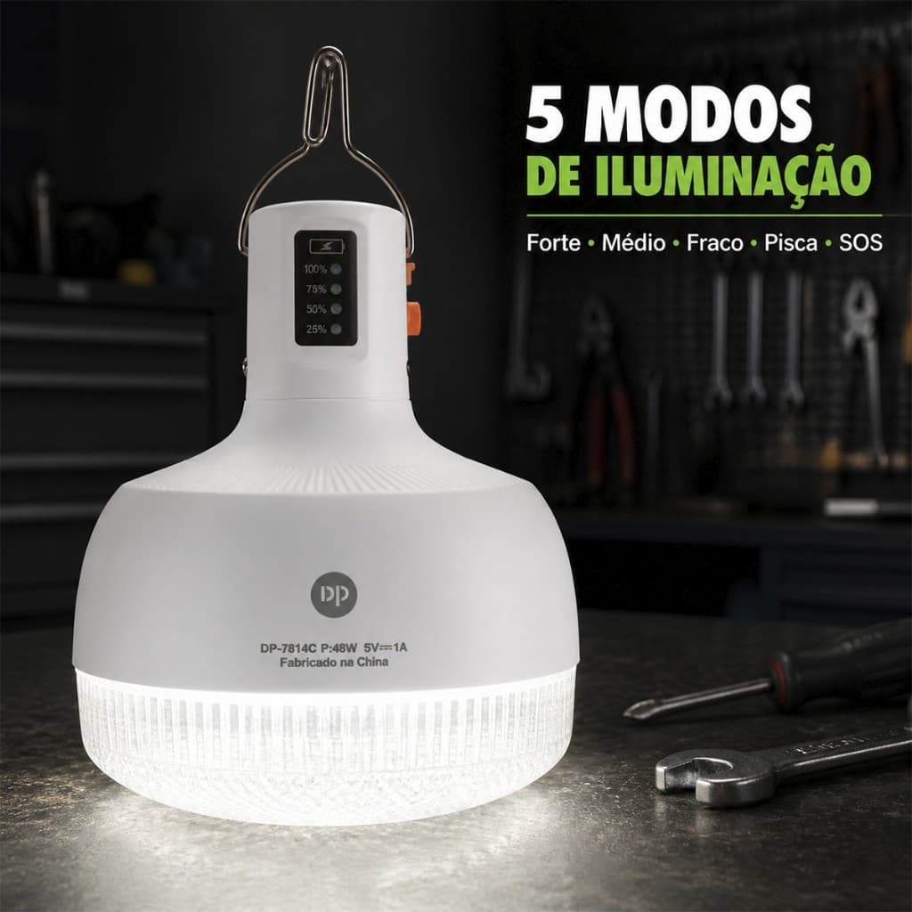 Lâmpada Recarregável 48W 6000mAh com Gancho para Emergência Camping Barraca Pesca e Área Externa USB