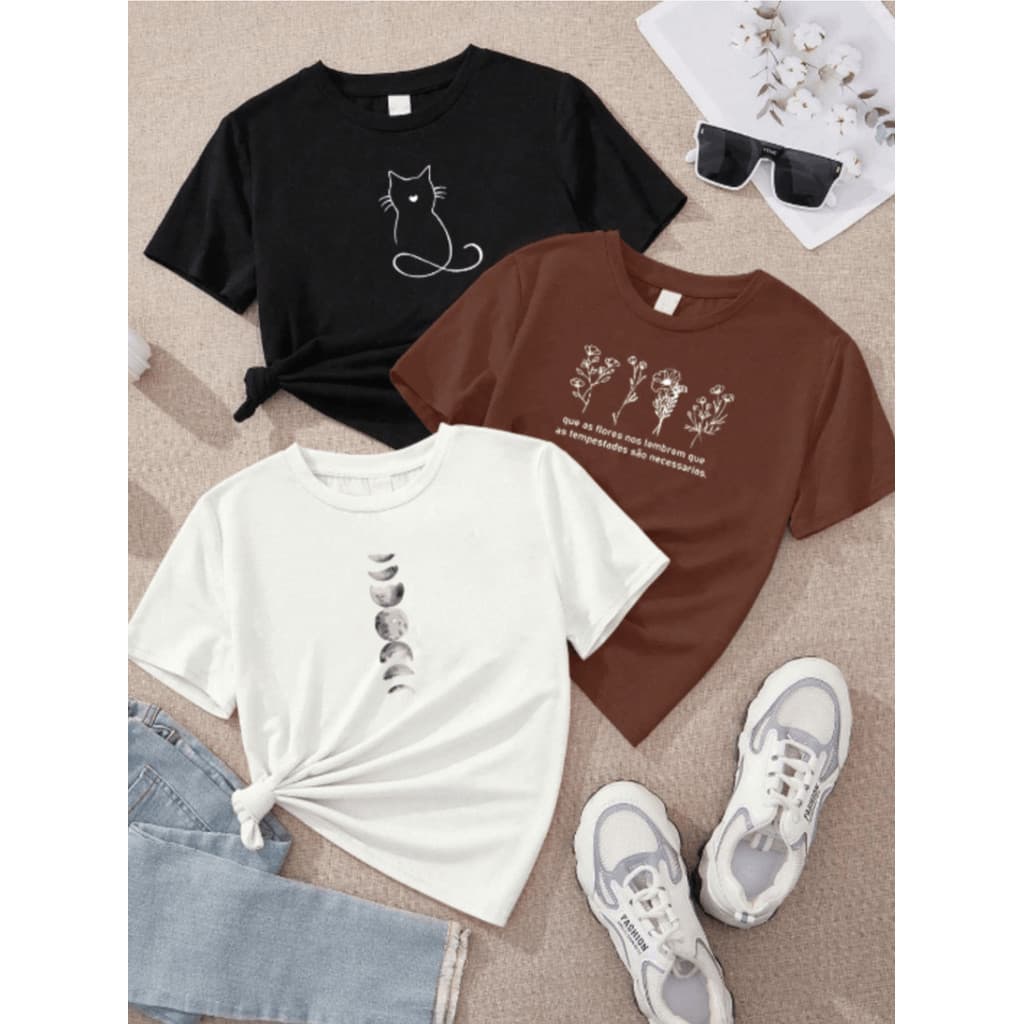 Conjunto de Blusas Femininas de 3 Peças, 100% Algodão, Estampado com Girassóis, Margaridas e Corações, Moda Casual