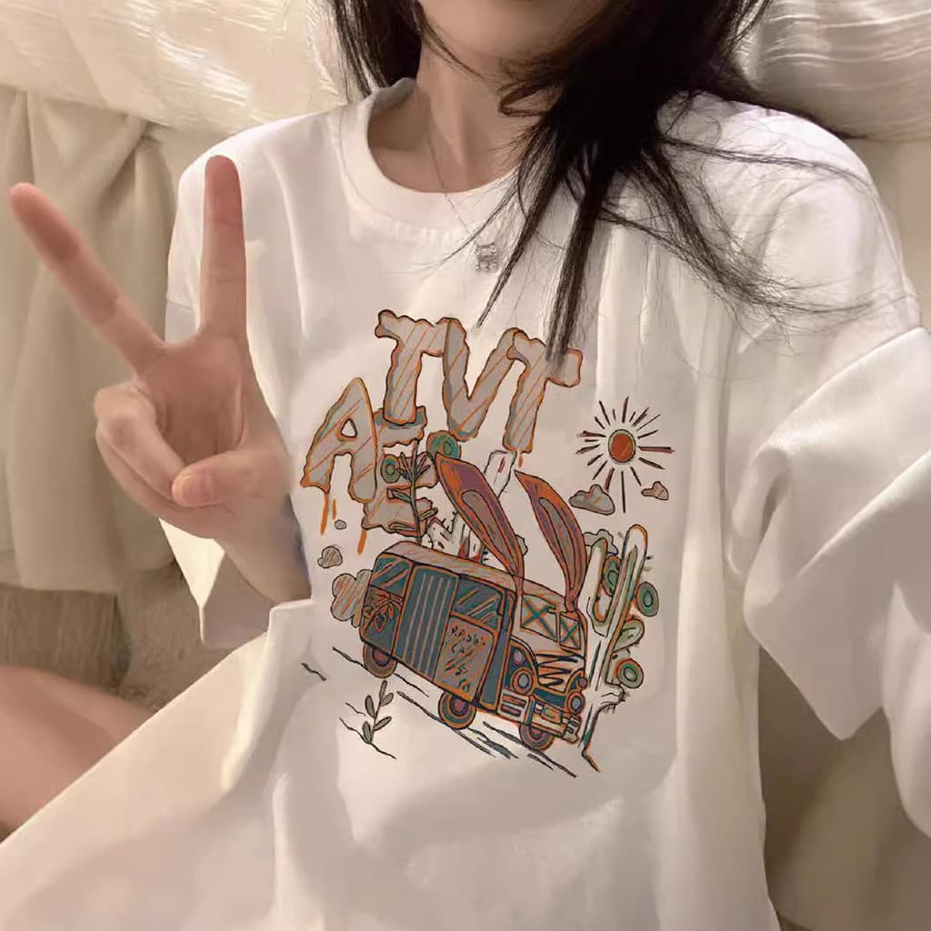 Camiseta de manga curta feminina verão solta meia manga estampa