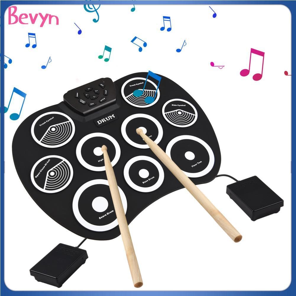 Phefop conjunto de bateria eletrônica portátil, rolo de mão, gravação, reprodução, kit de bateria com 10 músicas de
