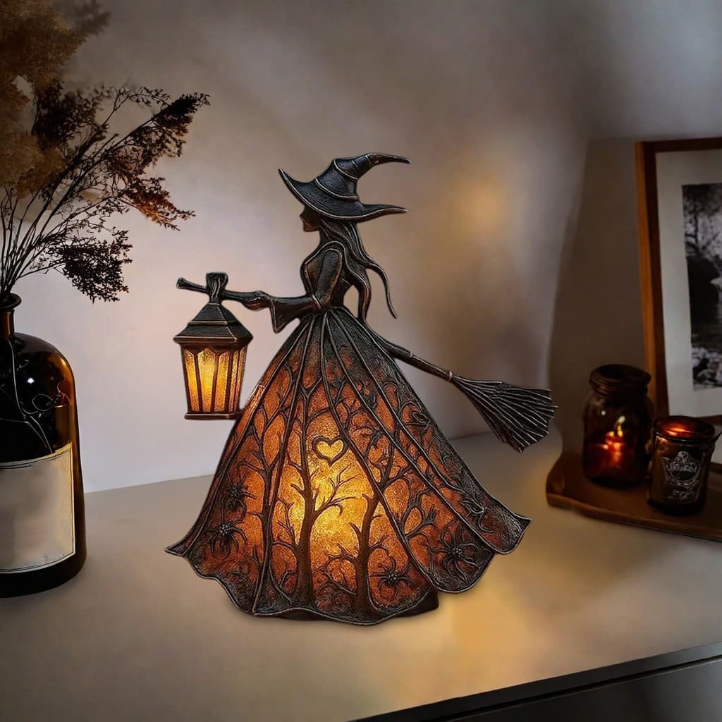 Lâmpada De Bruxa De Linho Artesanal , Estatueta Gótica Pequena De Vitral Com Luz Noturna Quente Para D