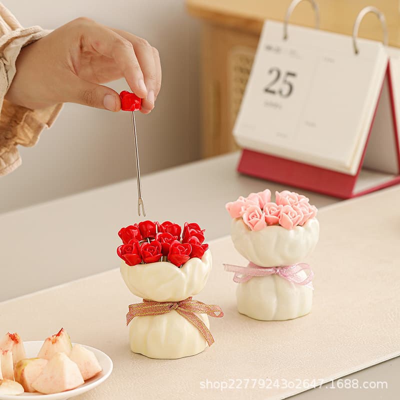 Conjunto de garfo de frutas e frutas, jarra de armazenamento de rosa, cerâmica doméstica, coração de menina, alto valor,