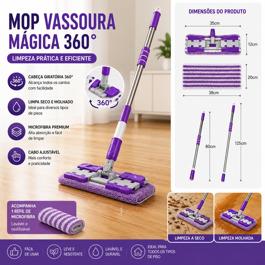 Mop Spray Pulverizador e Mop 360° Giratório | Refil Microfibra Lavável para Limpeza Doméstica