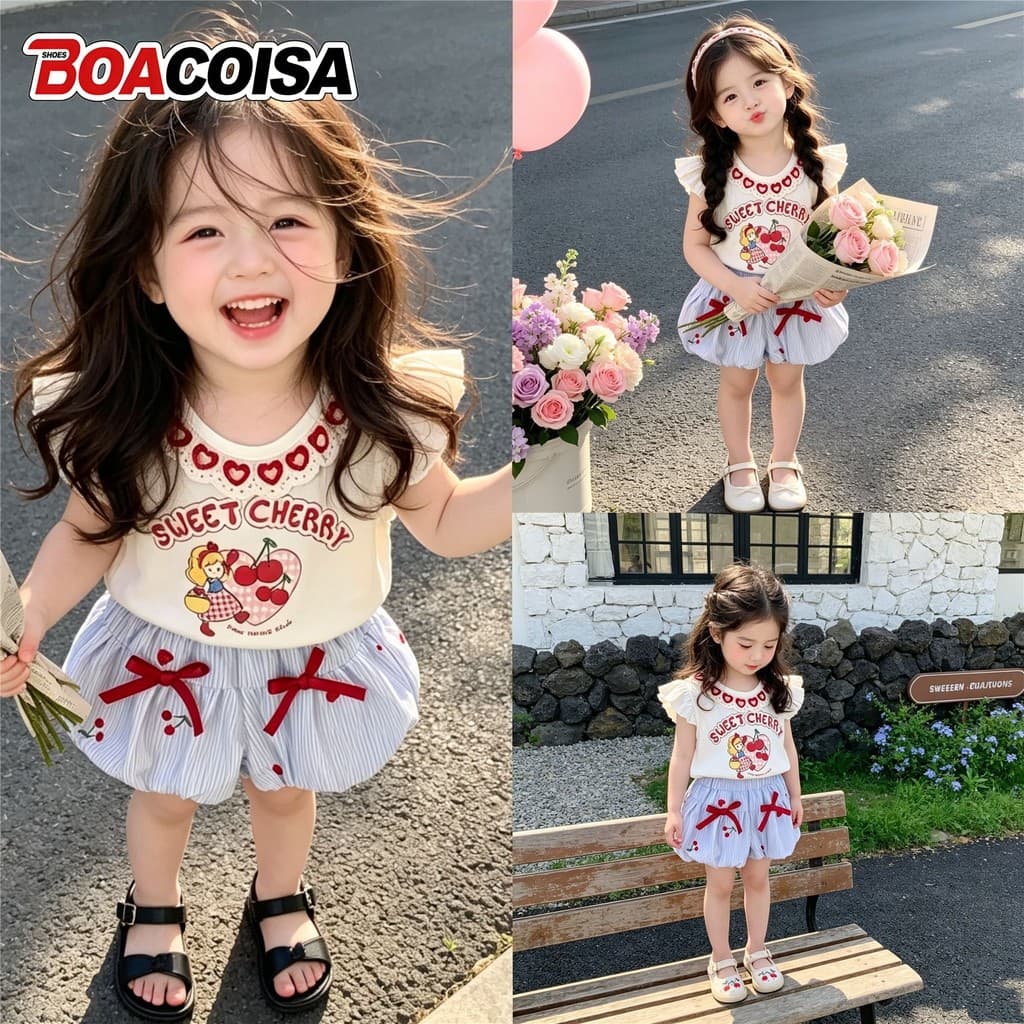 Versão coreana meninas cereja impressão conjunto de duas peças verão bonito doce babados topo Shorts estilo ocidental Bu