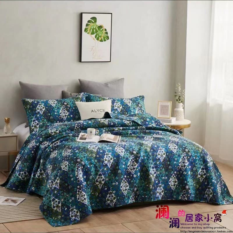 Capa de cama de algodão azul para exportação de comércio exterior conjunto de três peças colcha acolchoada lavada corean