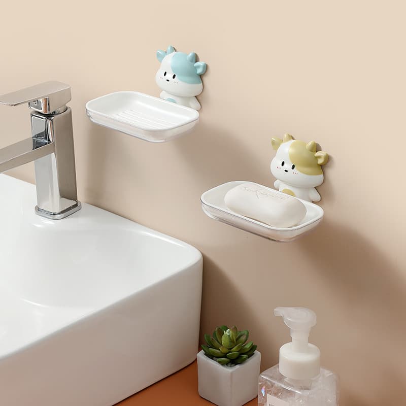 [Estoque pronto] Cartoon Calf Niu Caixa de sabonete montada na parede sem perfuração Niu Niu Series Rack de sabonete hig