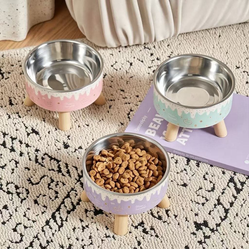Comedouro Elevado para Cães e Gatos com Proteção para o Pescoço e Tigela de Aço Inoxidável – Base Antiderrapante
