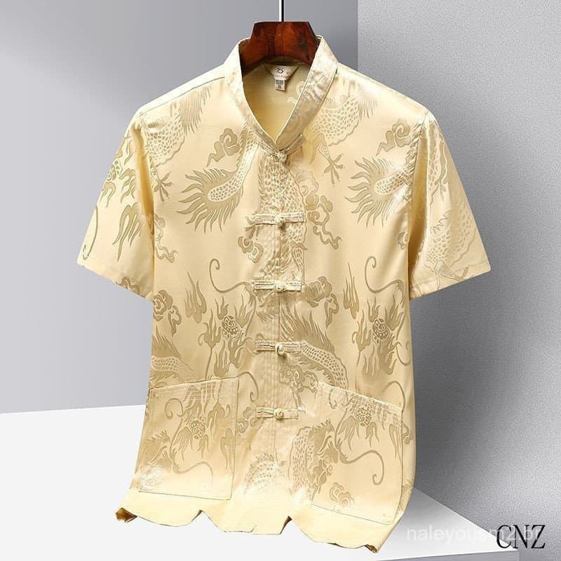 L5C Traje Tradicional Chinês Masculino Tang Hanfu, Camisa Masculina Solta de Seda de Manga Curta
