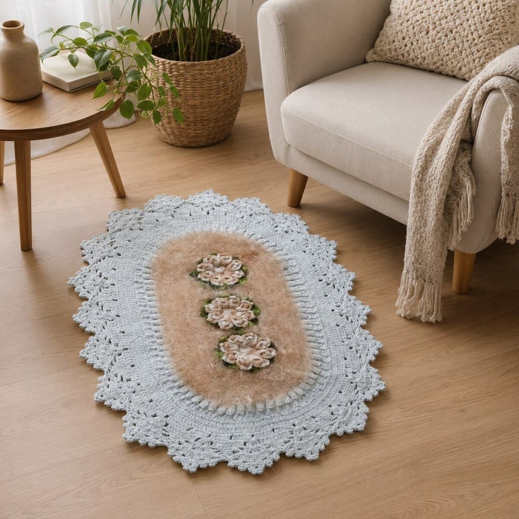 Tapete Crochê Luxo Branco Marrom Artesanal 63x94 sala quarto
