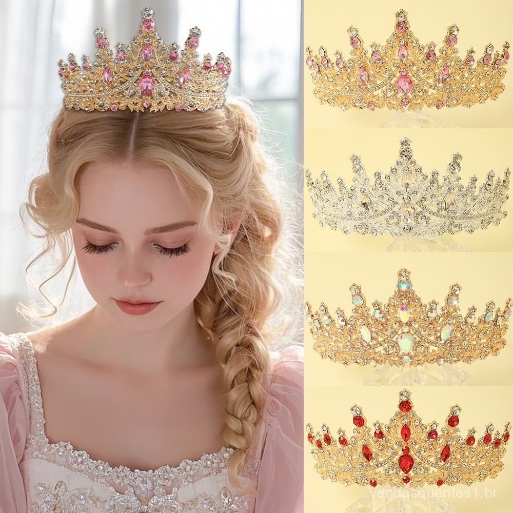 Tiara Coroa de Princesa Noiva com Cristais Strass – Casamento, Festa, Debutante, Formatura, Aniversário Luxo Barroca