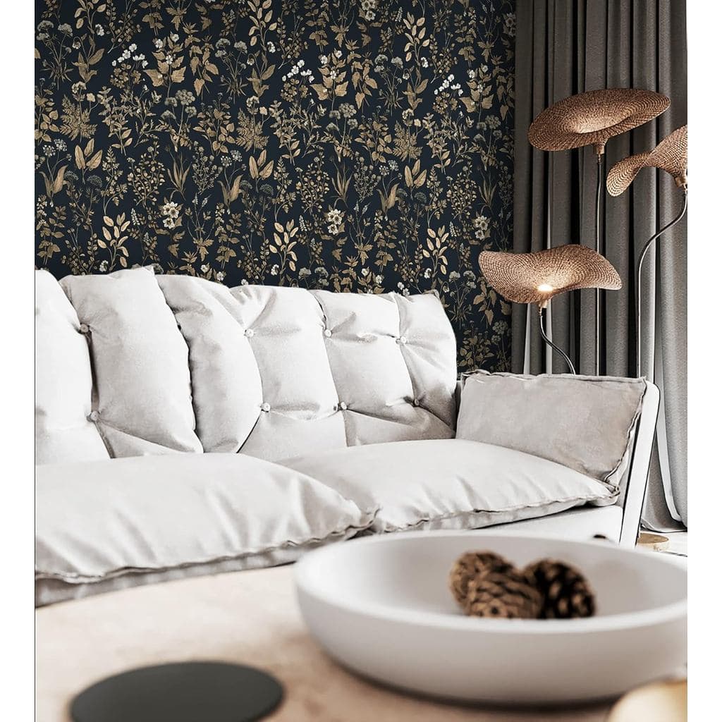 Dimoon Papel de Parede Floral Delicado Autoadesivo 78,7"x16,1" Preto Dourado, Espesso, Impermeável, com Folhas e Flores