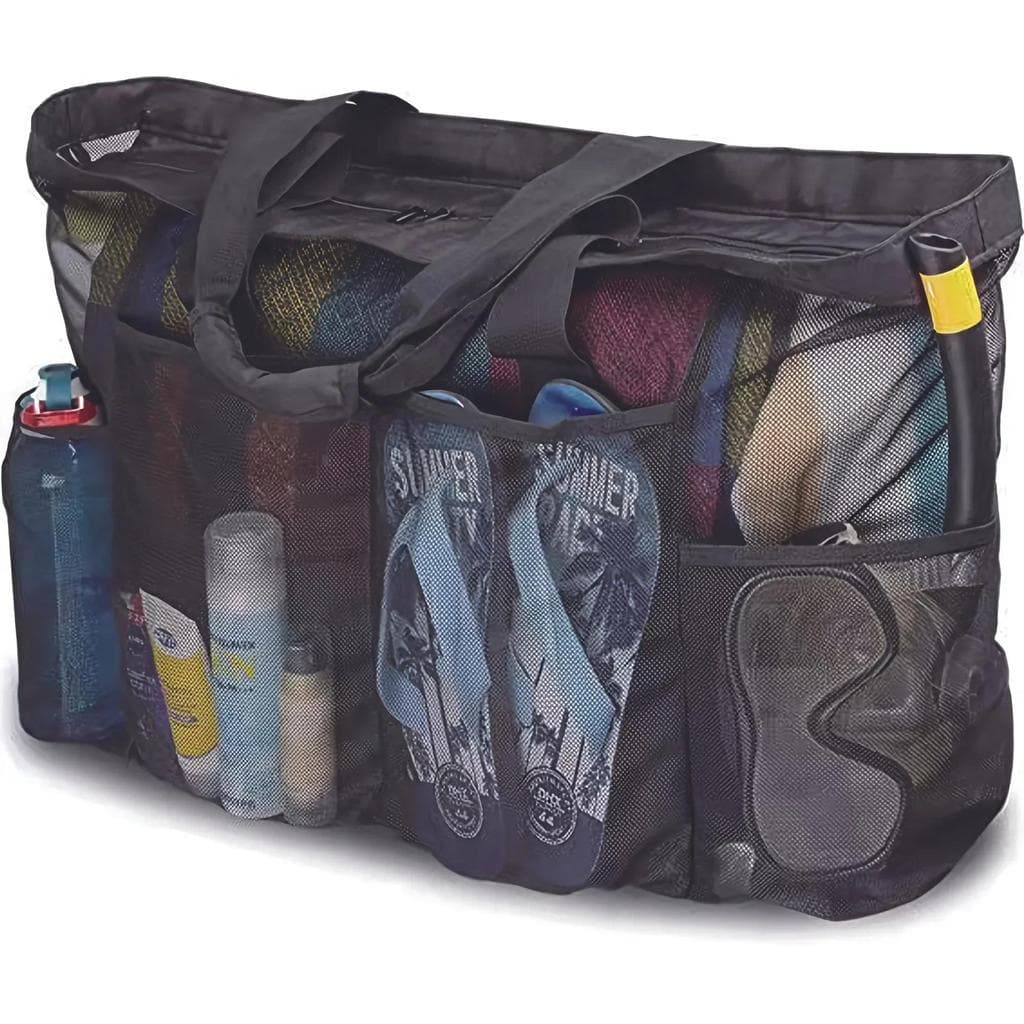 Sacola De Praia De Malha Extra Grande Bolsa De Ombro Respirável Com Zíper Vários Bolsos Laterais Organizador De Armazena