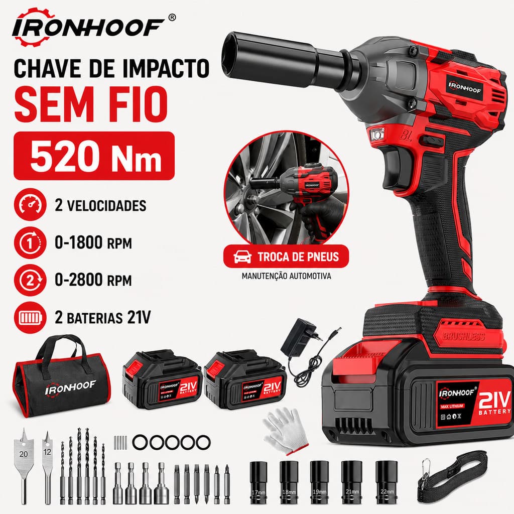 Chave De Impacto 520NM Brushless Sem Fio 2 Bateria