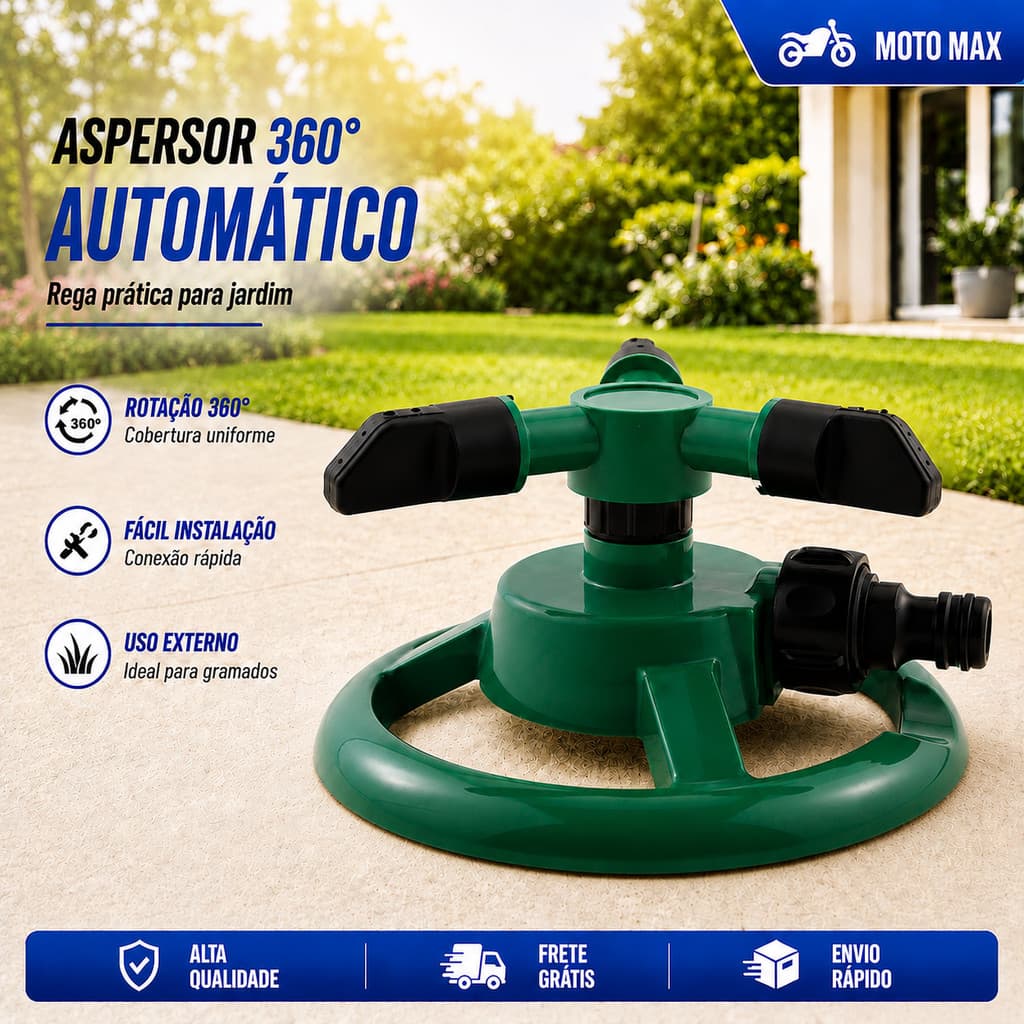 Aspersor Irrigador 360° Giratório Automático 3 Jatos Verde para Jardim Gramado Horta Plantas Economia Água