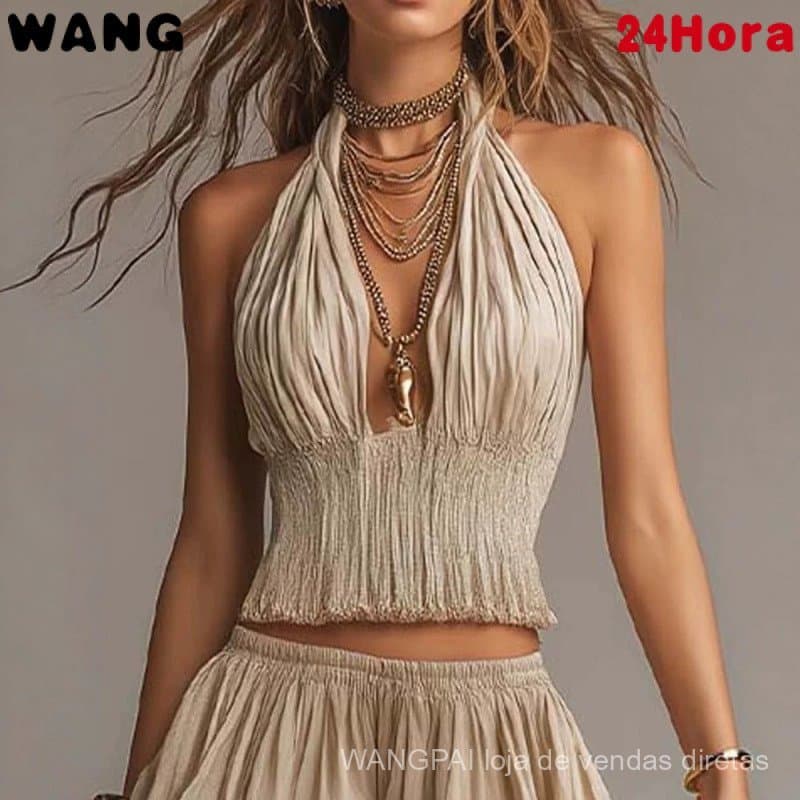 Conjunto de Duas Peças Feminino Estilo Boêmio em Algodão e Linho: Top Curto com Decote Halter e Calças Lanternas