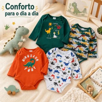 Body Bebê Masculino Kit 4 Peças Manga Longa Tema Dinossauro para o Dia a Dia