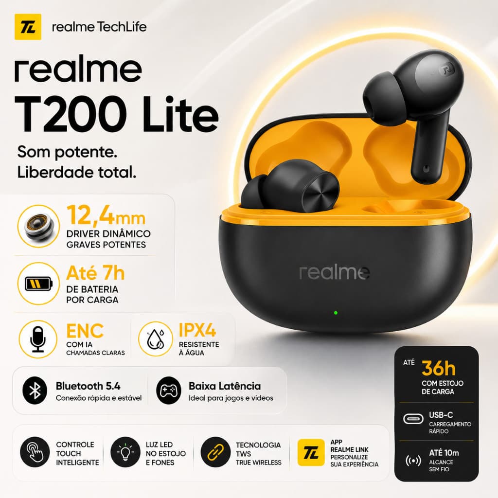 Novo e Original Realme T200 Lite Bluetooth 5.4 TWS 7h IPX4 À Prova D’Água ANC