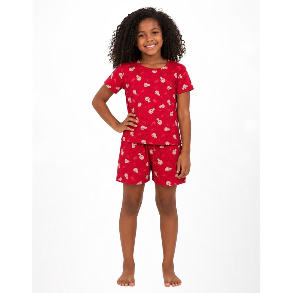 Conjunto Pijama Infantil Menina Manga Curta Roupa Suede Casual Verão Toque Macio Fofo Confortável