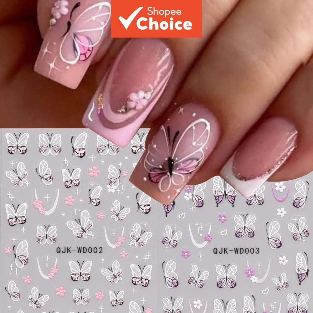 2 unidades Adesivos 3D para Unhas Borboletas e Flores, Pontas Francesas, Estrelas, Decalques Florais de Borboleta,