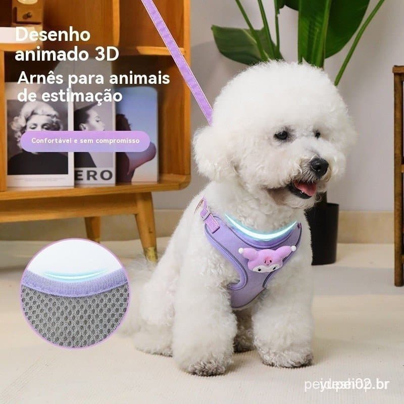 Pequeno cão pequeno dos desenhos animados peito volta trela impressão tridimensional noite reflexiva + fivela à prova de