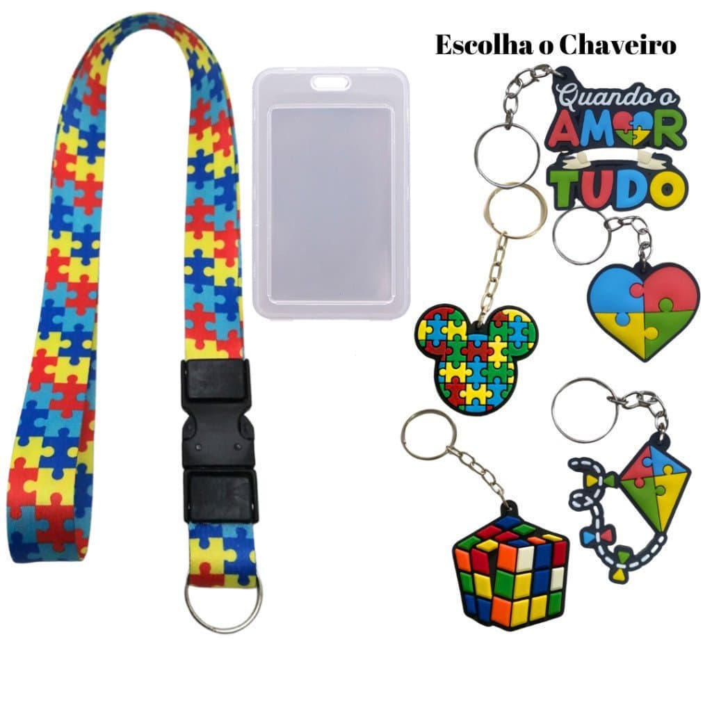 Kit Cordão Pescoço Autismo Autista + Protetor Crachá + Chaveiro emborrachado