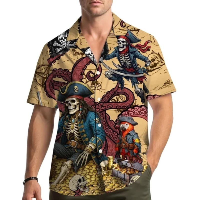 Camisa Havaiana De Esqueleto Pirata Para Homens