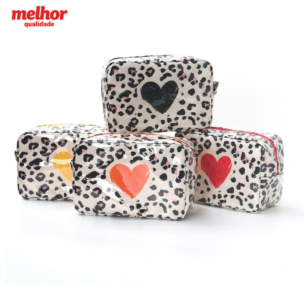 Bolsa cosmética transparente de PVC com estampa de leopardo Love Heart Grande pequena dois tipos Bolsa de higiene à prov