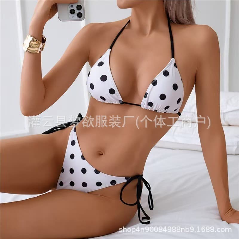 Biquíni feminino de bolinhas, gravata no pescoço + estilo alça lateral, maiô de férias para piscina à beira-mar