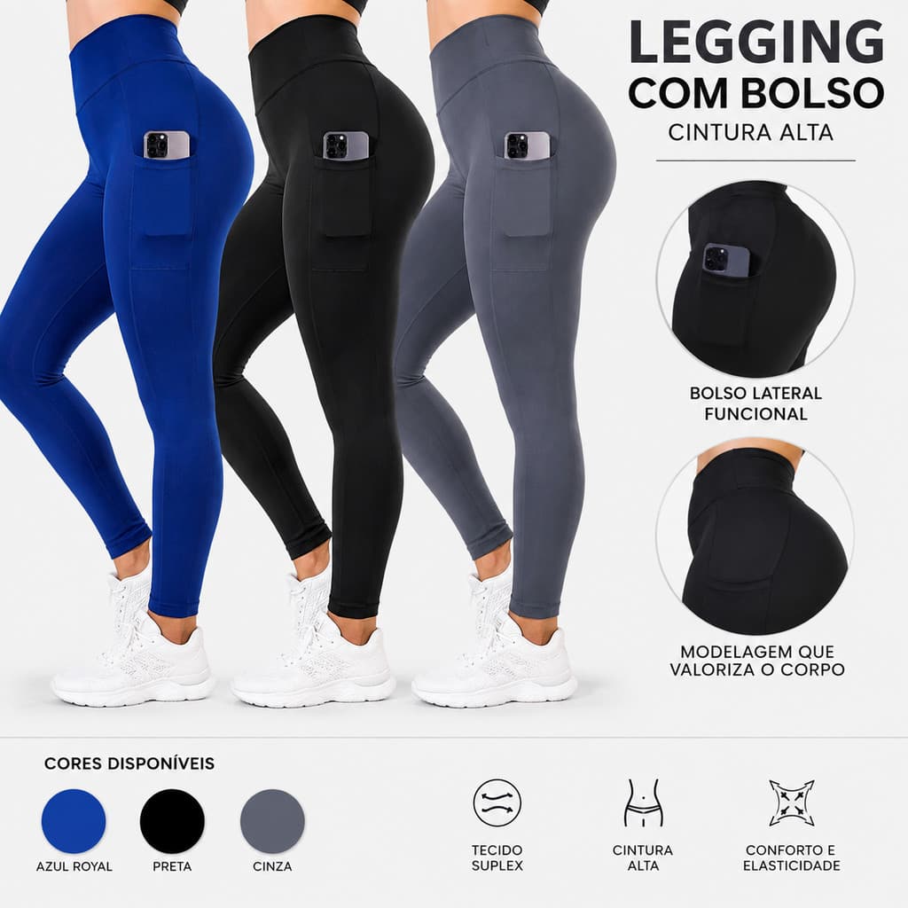 Calça Legging Feminina Suplex Cintura Alta com Bolso Lateral Academia Fitness
